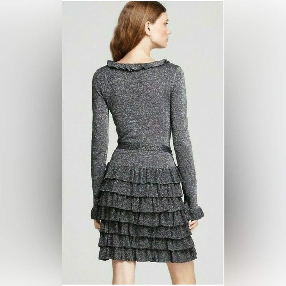 BCBGMaxAzria Silver Ruffled Long Sleeve Dress